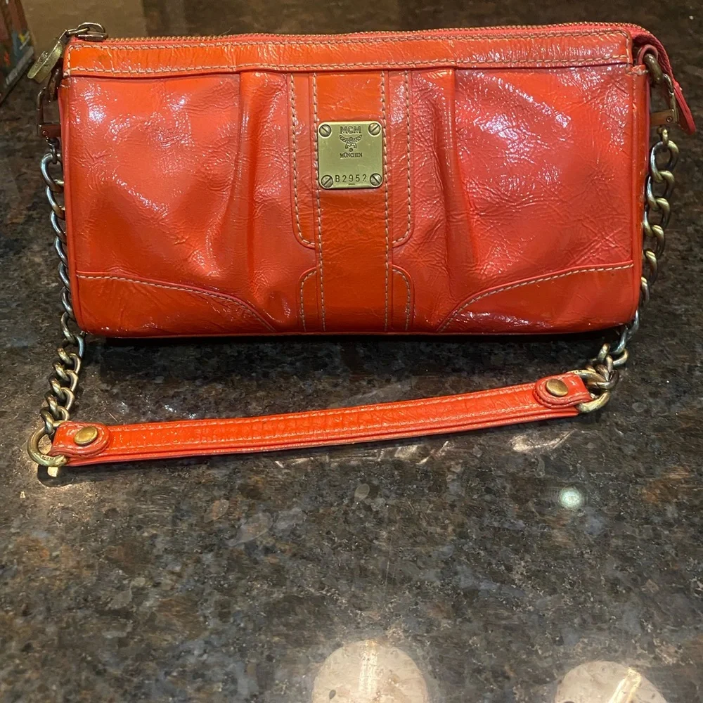 MCM Orange Leather Clutch with Chain Strap